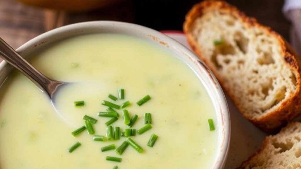 Creamy Potato Leek Soup Recipe A bowl of creamy Potato Leek Soup with chives and crusty bread on the side, set in a rustic background.